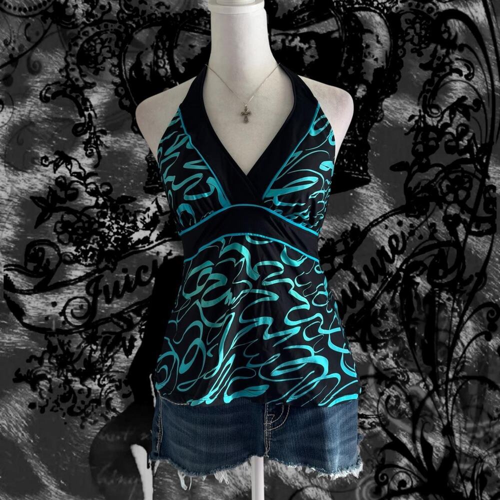 blue green abstract fluid scribble swirling ribbon print black halter glam top